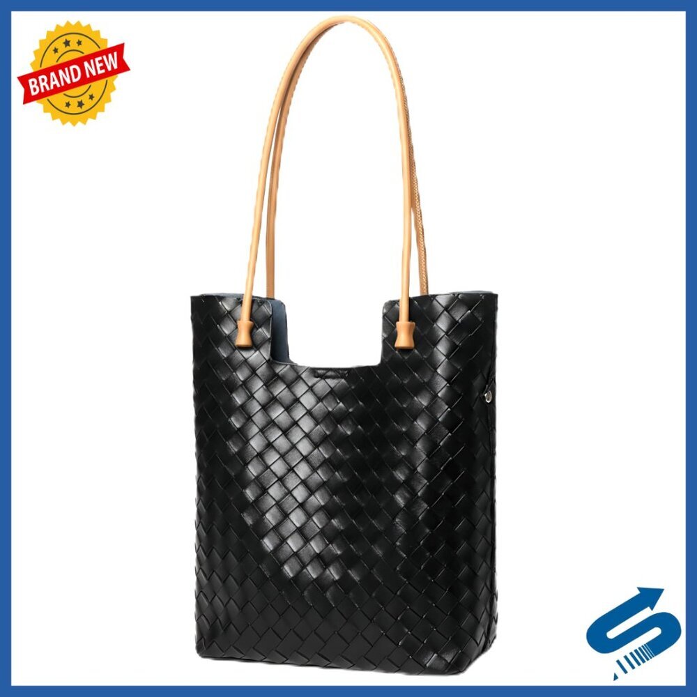 Woven Leather Tote Bag Lightweight Structured Shoulder Handbag Work Travel